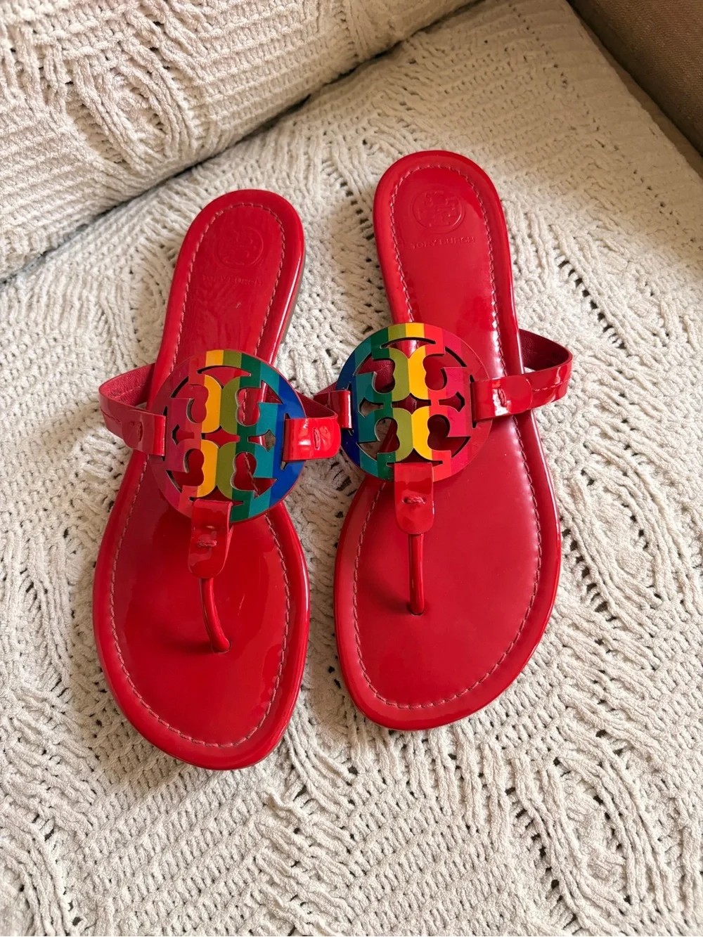 Tory Burch Red Patent Leather Sandals with Rainbow Logo Medallion